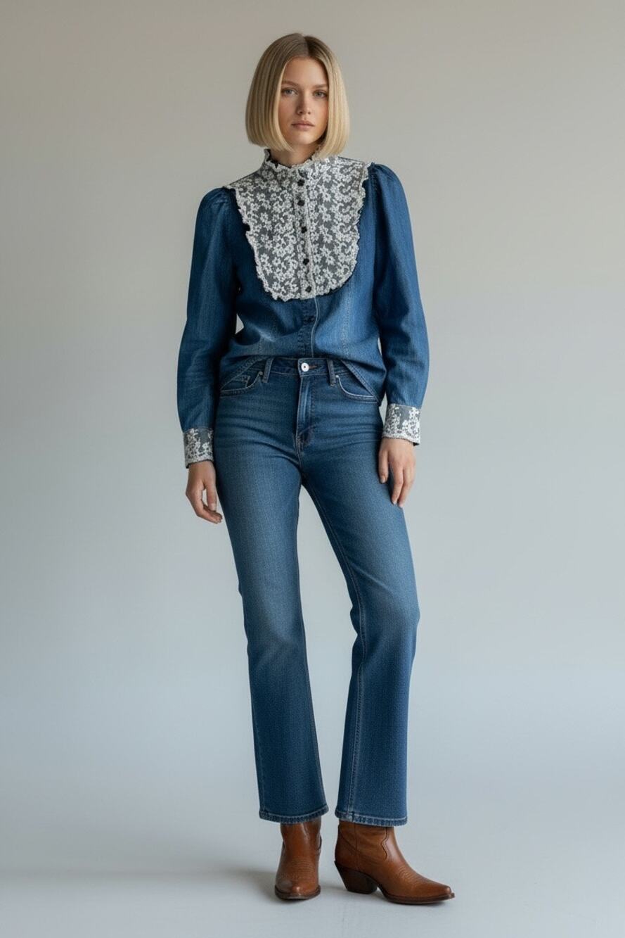 Victorian Style Prairie Denim Blouse White Floral Lace Ruffle Collar & Cuffs XS